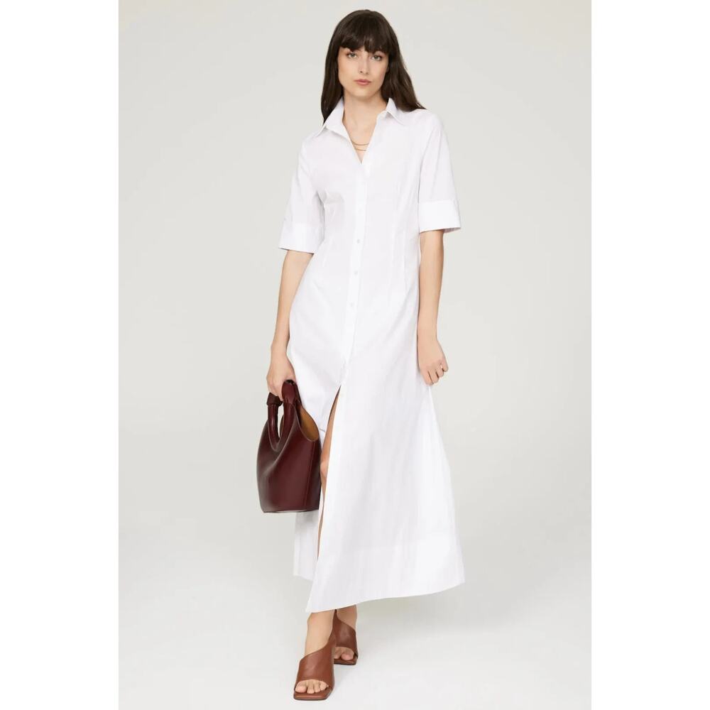 STAUD Joan White Corset Seam Cuffed Short Sleeve Button Maxi Shirt Dress Size 8